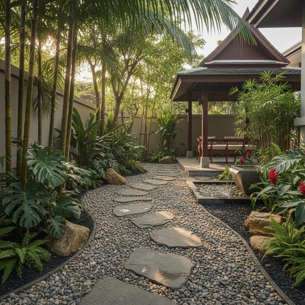 สวนสวยที่ใช้กรวดแม่น้ำปูพื้นตกแต่ง