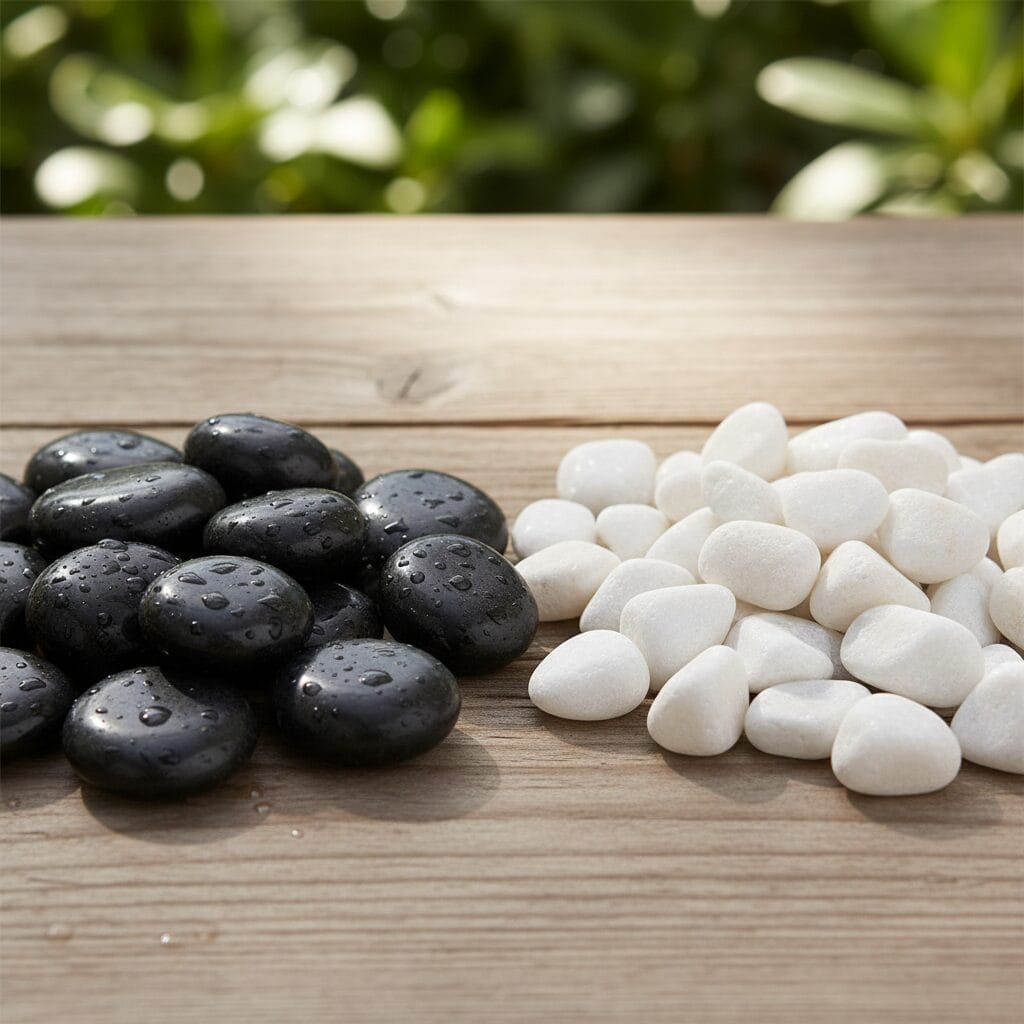 เปรียบเทียบหินดำเงากับหินขาวหิมะตกแต่งสวน