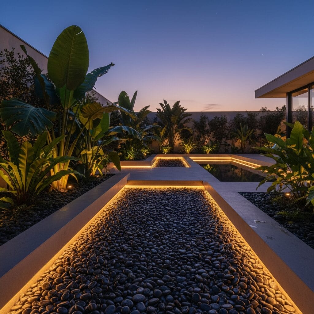 สวนโมเดิร์นใช้หินดำเงาโรยรอบต้นไม้