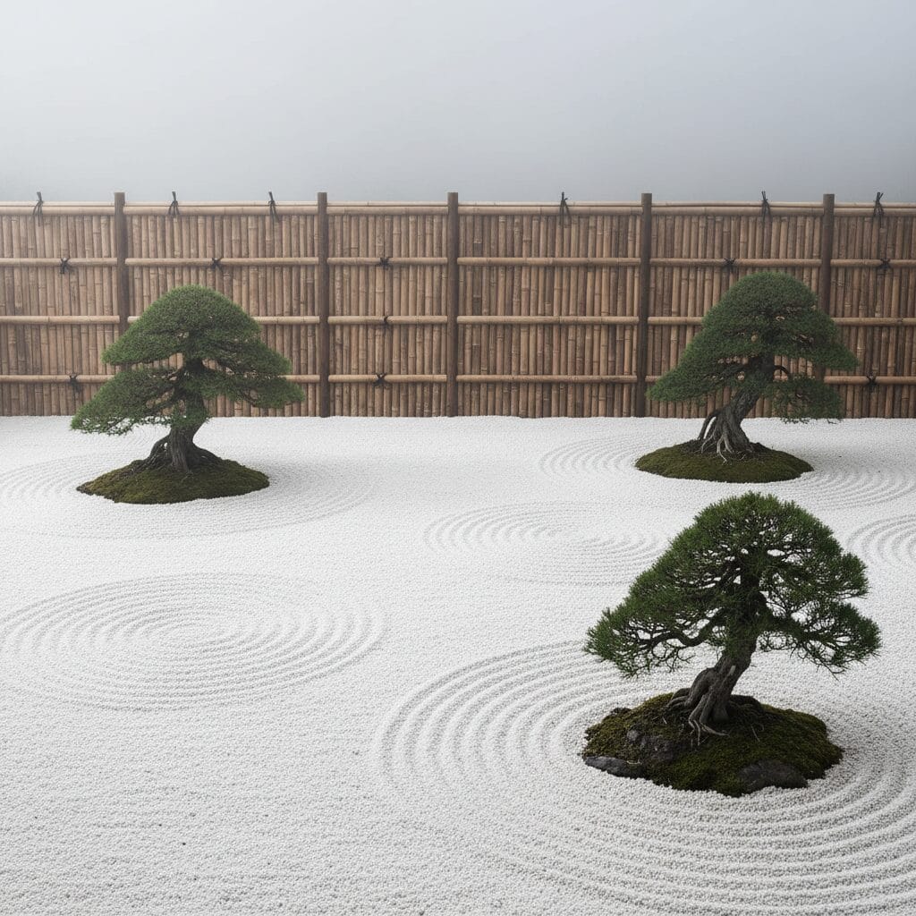 สวน Zen ใช้หินขาวหิมะตกแต่ง